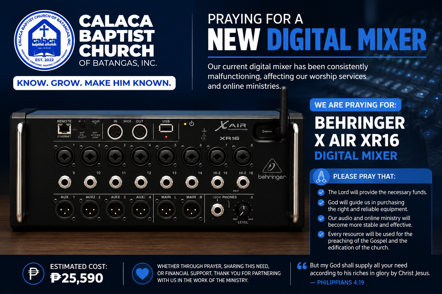 Praying for a New Digital Mixer for Calaca Baptist Church